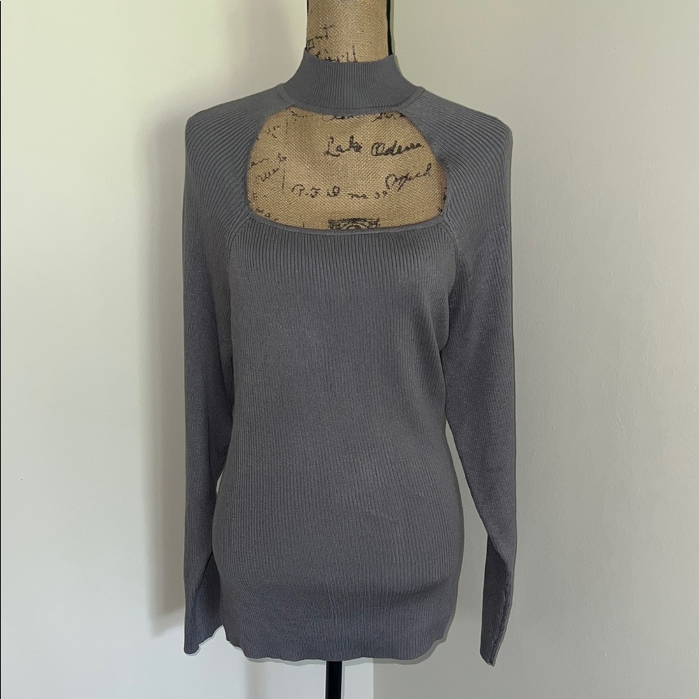 Ashley Stewart Gray Turtleneck Sweater with Front Square Cut-Out